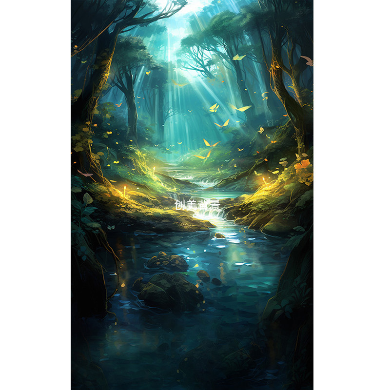 儿童童话精灵油画森林背景影楼室内少女魔法春天森林写真喷绘纸