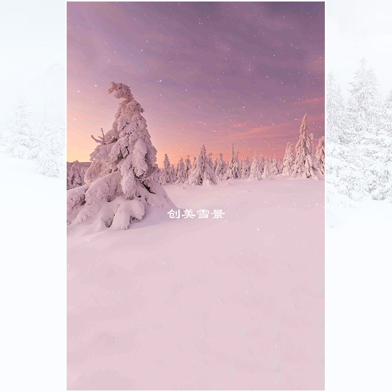 创美冬季山脉粉色雪山背景冬天室内雪景拍照喷绘布影楼雪山拍照布