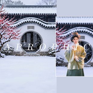 古风园林雪景写真背景布冬天汉服写真影楼拍照背景纸冬季雪景背景