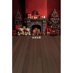 创美23年全家福冬季圣诞节背景布平安夜圣诞壁炉儿童喷绘背景布