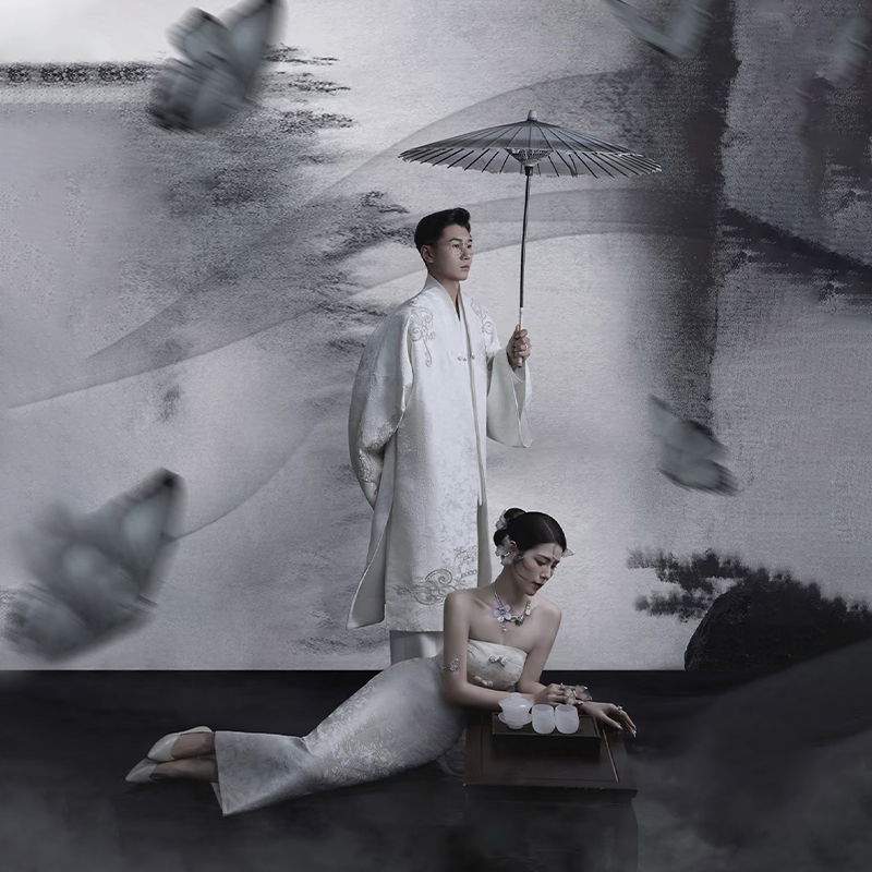 创美新款影楼婚纱新中式水墨拍照背景布婚纱国风室内摄影背景纸
