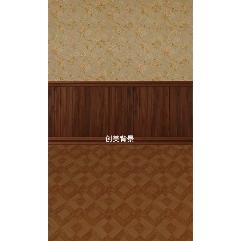 创美影楼室内法式全家福背景影棚碎花壁画复古墙纸拍照摄影背景