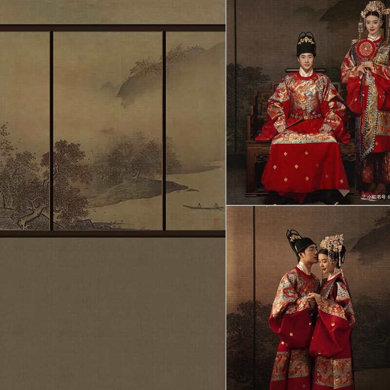 影楼中国风山水画素色国潮背景民国风全家福摄影影楼秀禾服背景