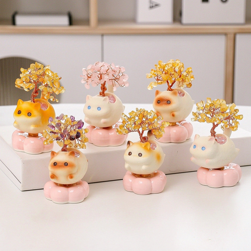 可爱小猫摆件发财新款树脂转转黄水晶发财树送同事礼物办公室礼品