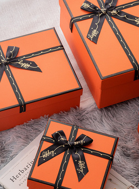 爱玛橙色礼品盒化妆品口红包装盒天地盖礼物盒子伴手礼蝴蝶结礼盒