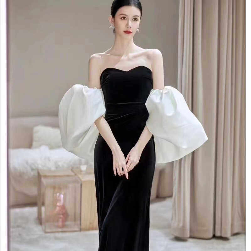 抹胸晚礼服裙高端轻奢黑色鱼尾主持人年会丝绒连衣裙服装租赁