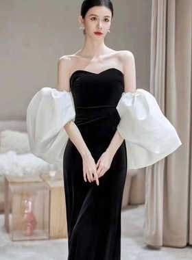 抹胸晚礼服裙高端轻奢黑色鱼尾主持人年会丝绒连衣裙服装租赁