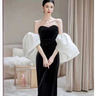 抹胸晚礼服裙高端轻奢黑色鱼尾主持人年会丝绒连衣裙服装租赁