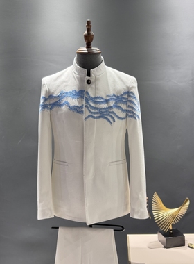 男士白色刺绣手工串珠蓝色绣花复古中式风歌手晚会晚宴主持人礼服