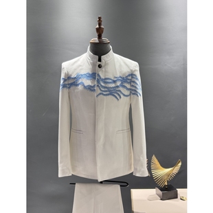 男士白色刺绣手工串珠蓝色绣花复古中式风歌手晚会晚宴主持人礼服