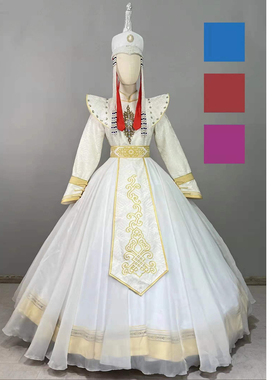 女士白色红色蒙古盛装歌手独唱五十六个民族长袖舞台艺考服装租赁