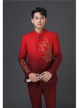 男士红色丝绒烫钻刺绣主持人亮闪晚礼服红毯嘉宾艺考高端礼服租赁