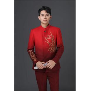 男士 红色丝绒烫钻刺绣主持人亮闪晚礼服红毯嘉宾艺考高端礼服