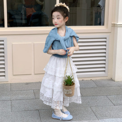 韩系春款女童镂空开衫蛋糕裙套装