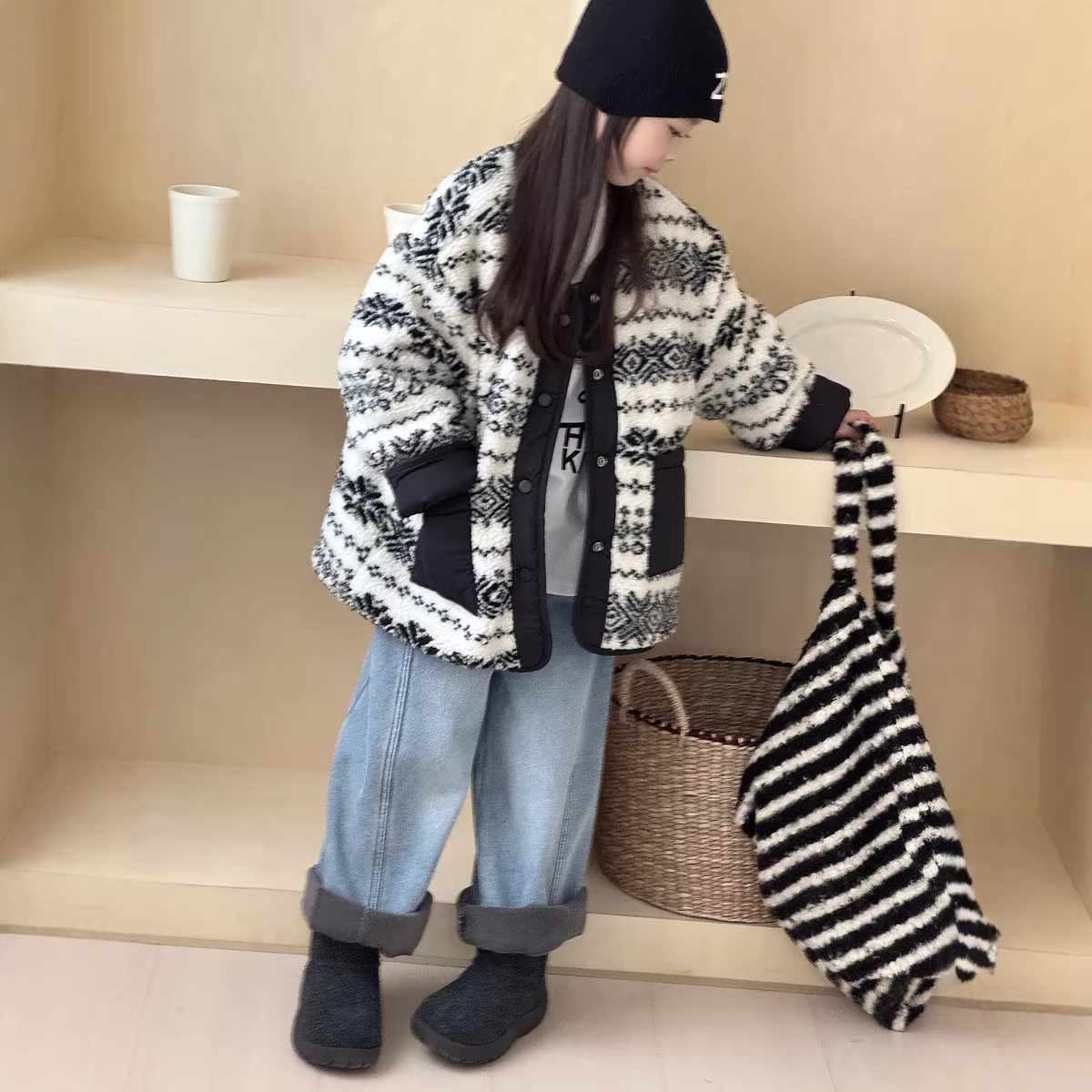 GLP KISS韩系童装男女儿童复两面穿费尔岛提花羊羔毛毛夹棉服外套,童装/婴儿装/亲子装,棉袄/棉服,淘宝优惠券,粉丝福利购,淘宝优惠卷