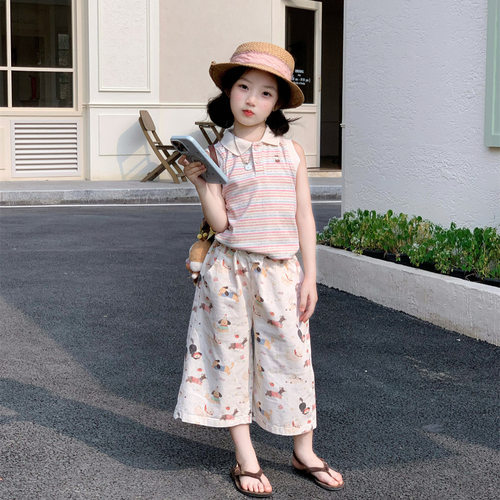 韩系女童条纹POLO领背心卡通裤