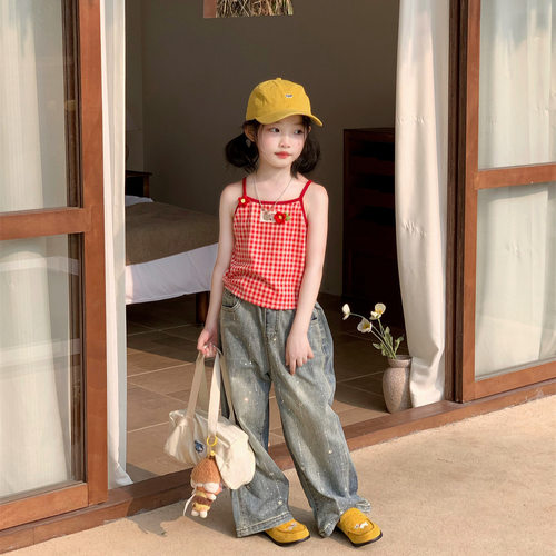 韩系女童露背格子吊带阔腿裤