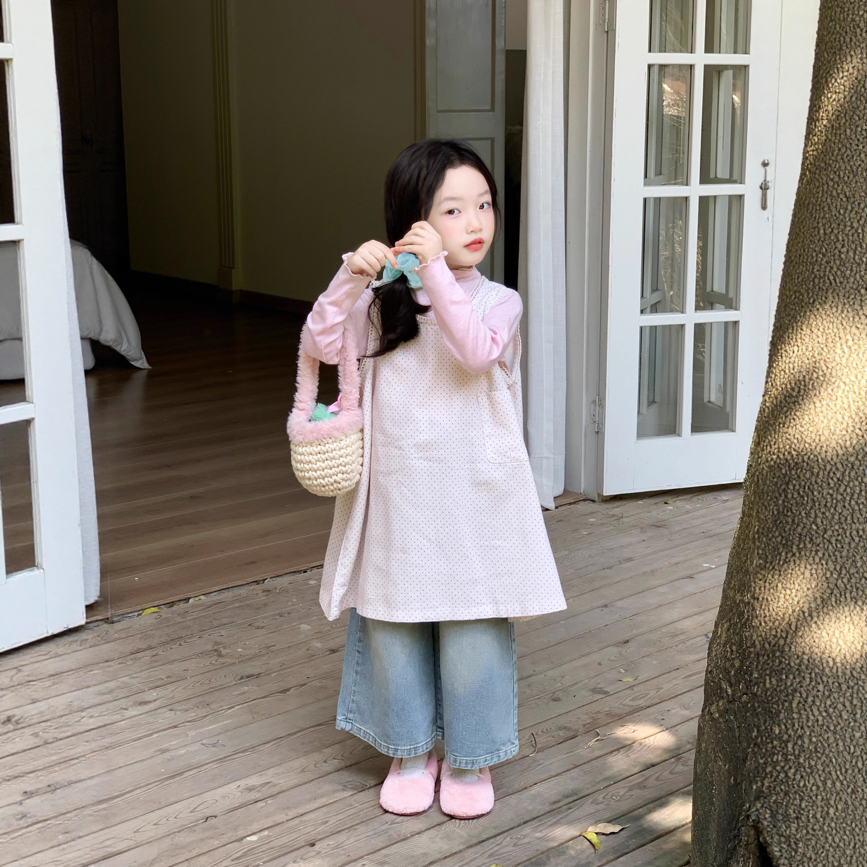 森系小女孩25秋季新女童韩版清新圆点无袖罩衫连衣裙打底衫牛仔裤