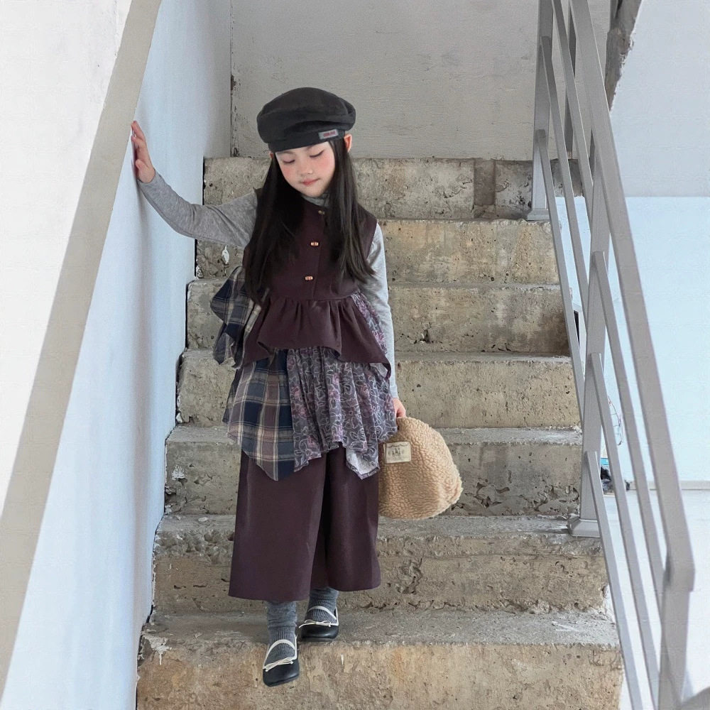 韩系秋女童碎花拼接马甲套装