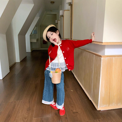 女童洋气开衫+打底衫+花边裤子