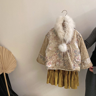 GLP KISS韩系童装女童冬季中式国风毛领花朵夹棉丝绒唐装棉服外套
