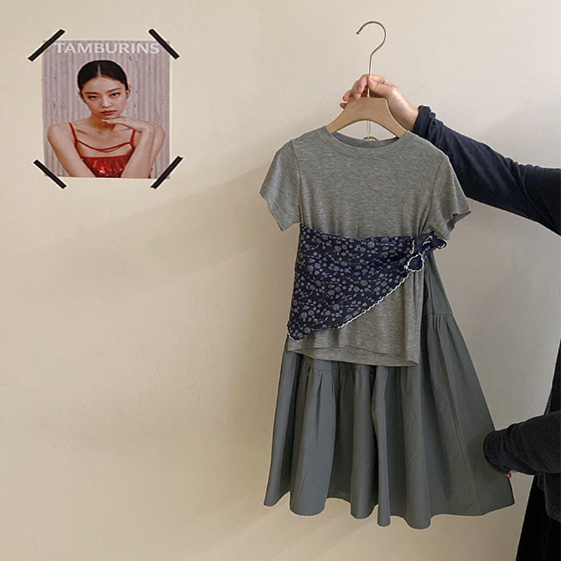 GLP KISS韩系童装26夏季女童简约休闲短袖T恤时尚百搭长裙半身裙