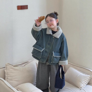 GLP KISS韩版童装25冬季新女童洋气复古夹棉外套儿童毛领牛仔棉服