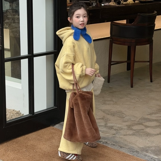 GLP KISS韩系童装25冬季新女童软糯米绒加厚加绒连帽卫衣卫裤套装