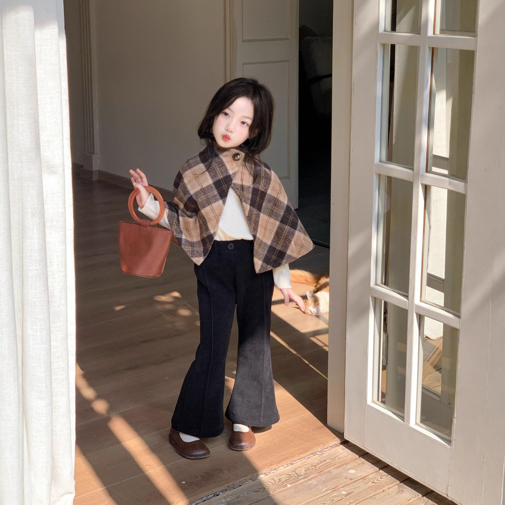 GLP KISS女童加绒格子斗篷冬款韩版儿童洋气时尚毛呢披风外套保暖