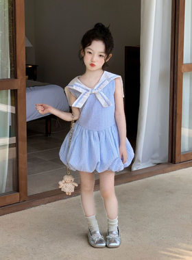 韩系女童夏季海军风条纹花苞裙