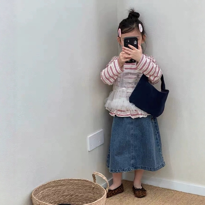 GLP KISS韩系童装26春款女童甜美条纹长袖T恤网纱吊带牛仔裙中裙