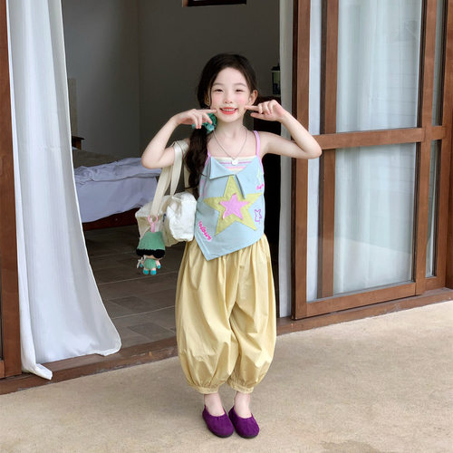 韩系女童夏季多巴胺彩色拼接吊带