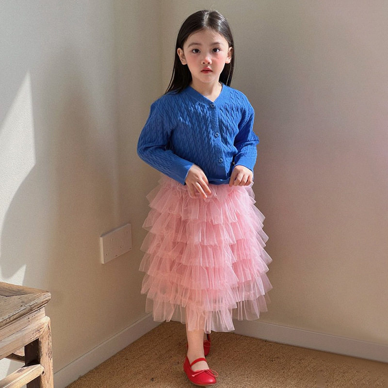 GLP KISS韩系童装26春女童洋气蓝色麻花毛衣针织开衫网纱蛋糕长裙