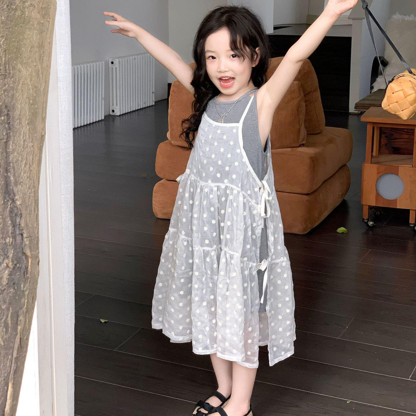 波西米亚2025夏季新韩版女童宝宝洋气吊带连衣裙+网纱罩衫两件套