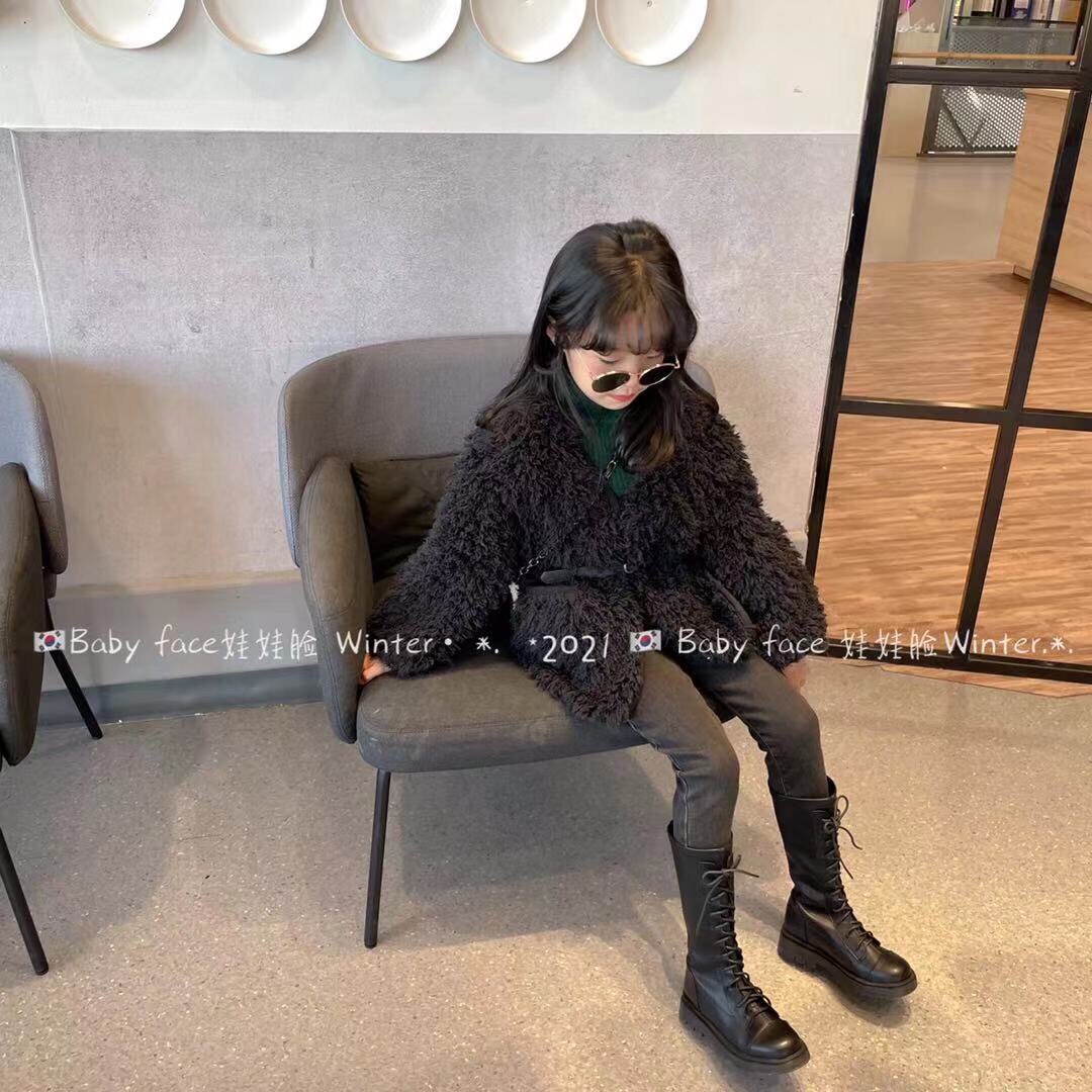 2021冬装新韩国女童宝宝时尚洋气加绒加厚仿皮草v领毛毛大衣外套