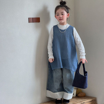 韩系女童宽松针织马甲牛仔阔腿裤