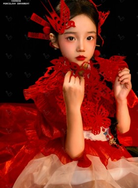 儿童摄影服装剪纸中国红中国风国潮主题模特走秀潮服儿童演出服装