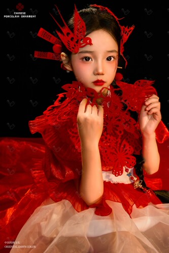 儿童摄影服装剪纸中国红中国风国潮主题模特走秀潮服儿童演出服装