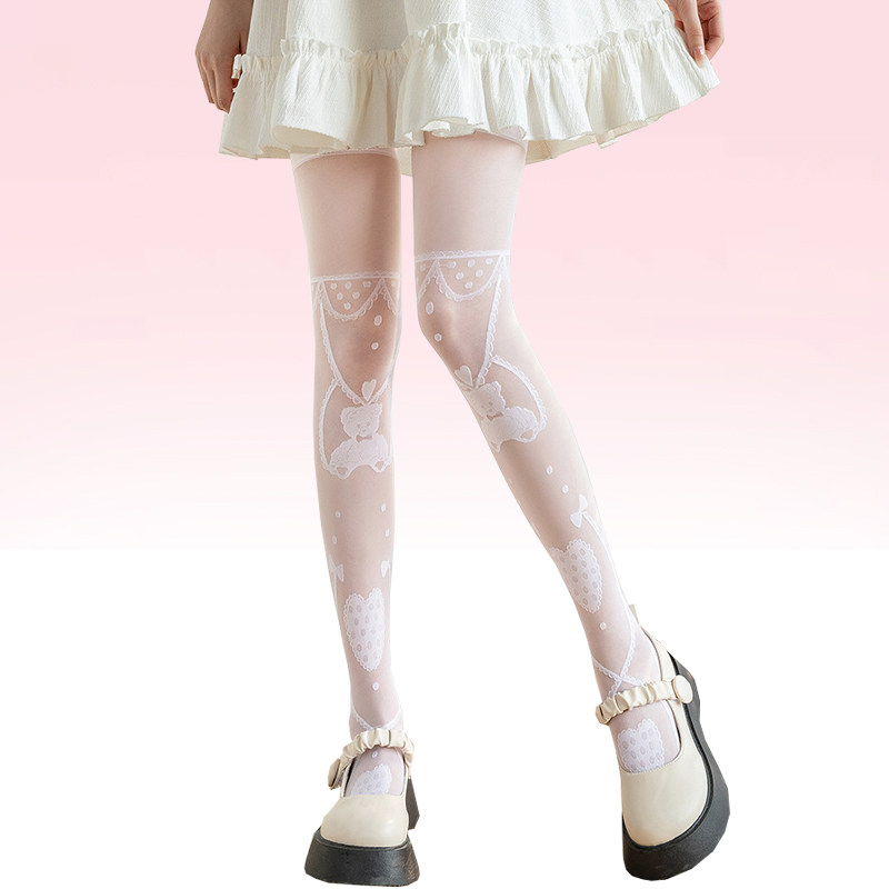 洛丽塔可爱少女波波熊长筒袜lolita甜美爱心提花丝袜薄款过膝袜子