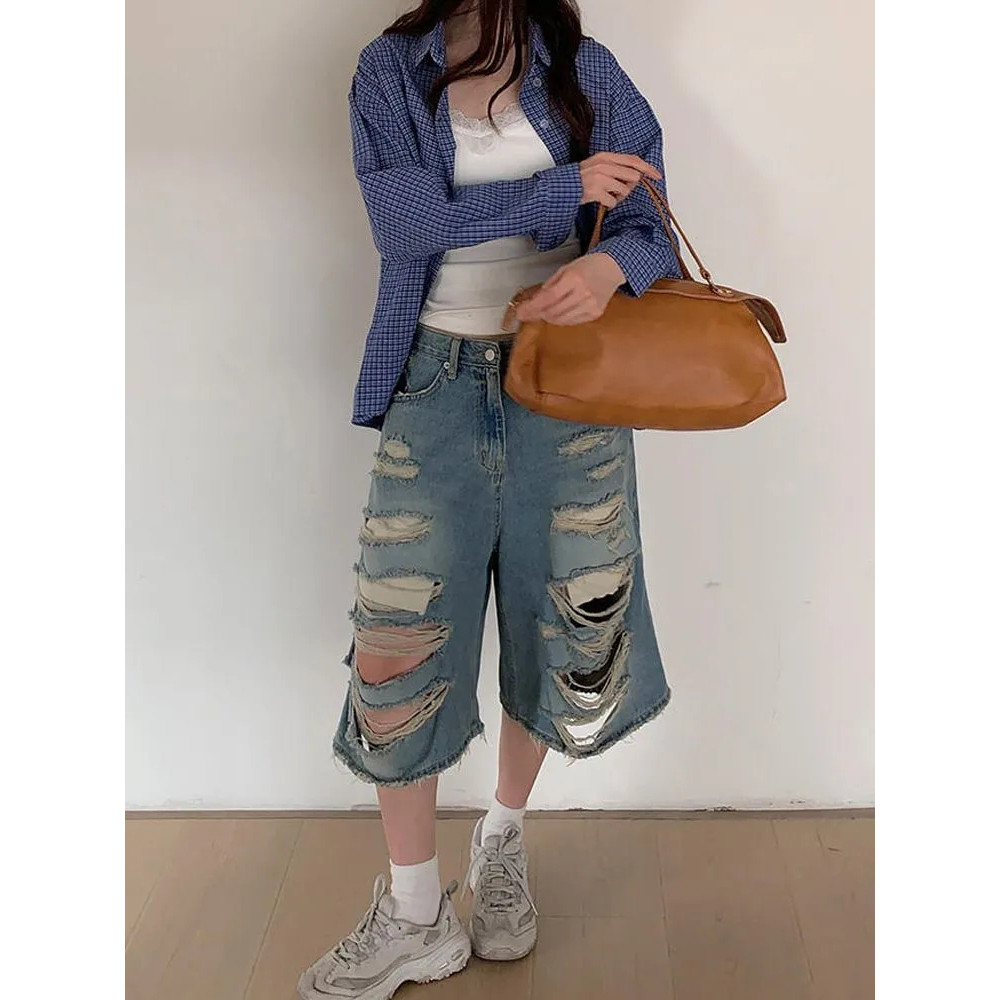 大码美式高街破洞七分牛仔裤子女夏季新款宽松废土风阔腿裤中裤潮