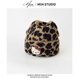 韩国2025新款可爱KT猫卡通豹纹毛绒帽子秋冬保暖针织毛线帽冷帽女