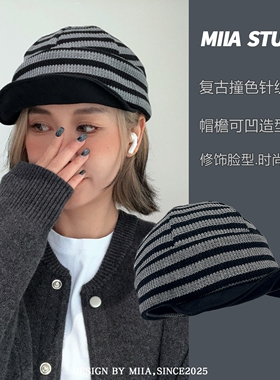 韩国2025款复古条纹针织堆堆帽
