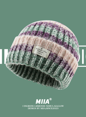 日系混色彩条纹针织帽子女秋冬保暖护耳冷帽大头围百搭素颜显脸小