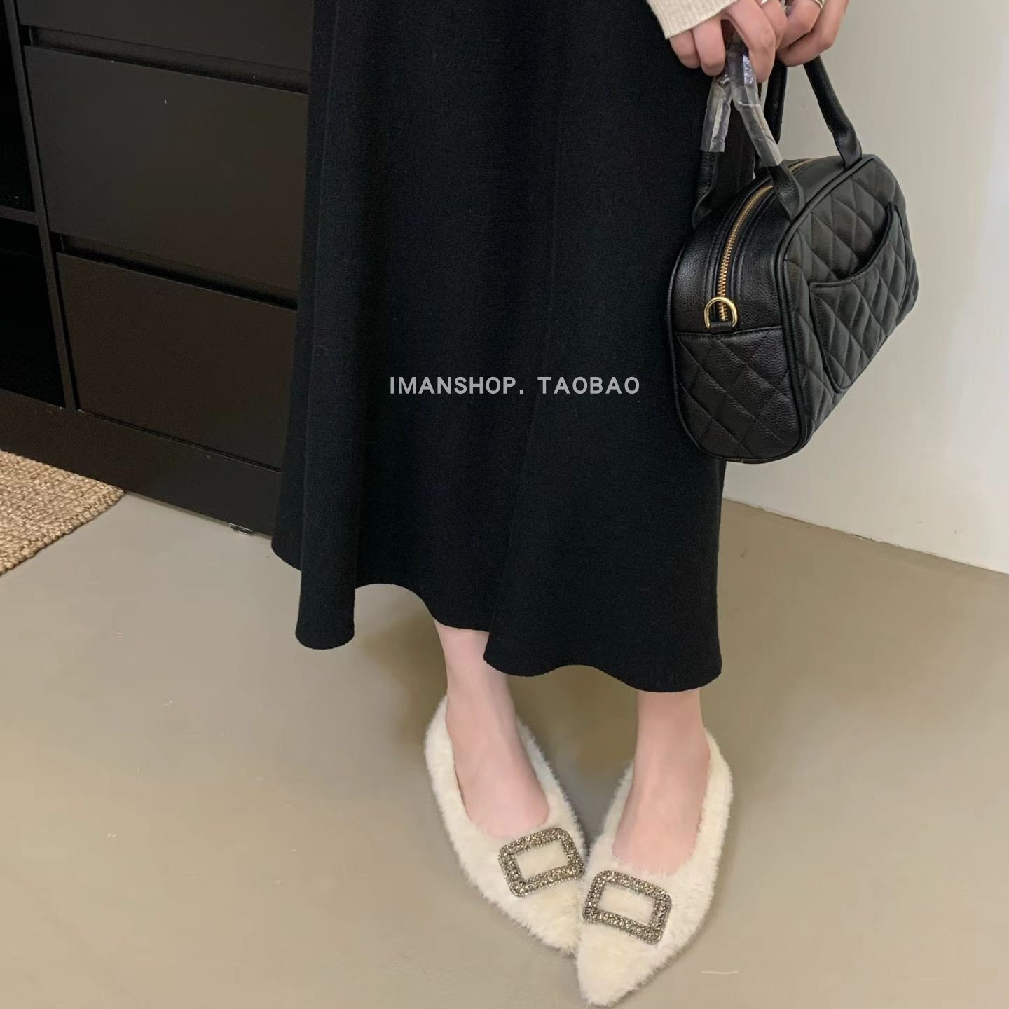 wins shoes法式水钻洋气方扣加绒毛毛女鞋软底优雅糖果色温柔轻奢