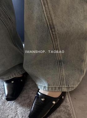 wins shoes·2025法式韩版设计感春季复古时髦铆钉方头黑色单鞋女