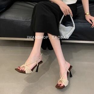 绒面蝴蝶结优雅新款夏季女鞋小半托 2026法式韩版露趾细跟高跟鞋