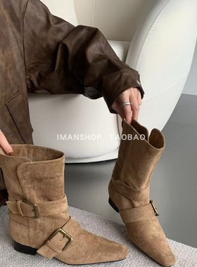 wins shoes·2025欧洲站走秀皮带扣方头平跟翻折短靴子骑士靴女鞋