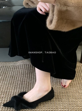 wins shoes法式呢子花灰暖加绒毛毛鞋尖头浅口小单鞋内加绒棉鞋黑