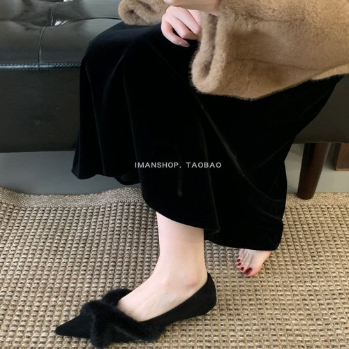 wins shoes法式呢子花灰暖加绒毛毛鞋尖头浅口小单鞋内加绒棉鞋黑