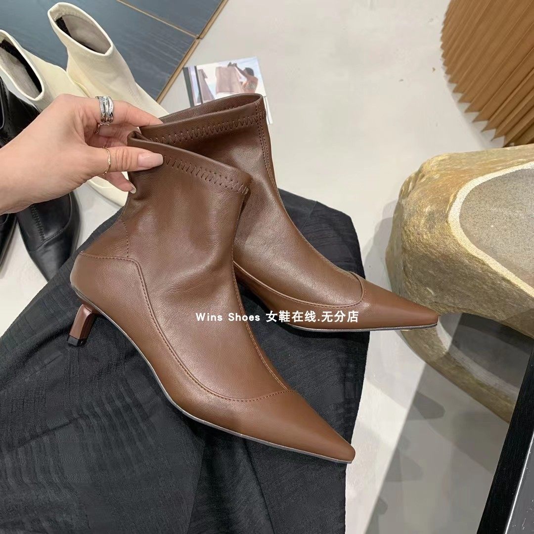 新款阿希哥棕色尖头细跟短靴女尖头及裸靴切尔西靴2023夏季薄款